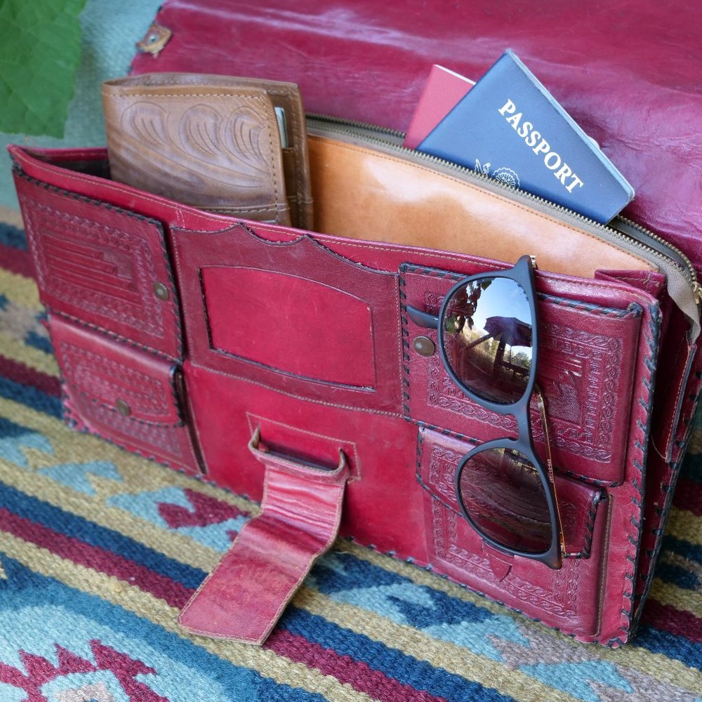 Floral Embossed Vintage Red Leather Clutch Purse